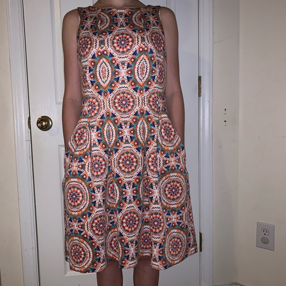 Julian Taylor colorful orange and navy dress